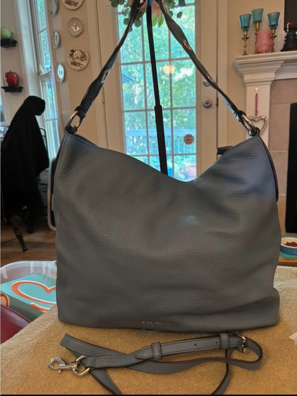 Michael Kors Leather Hobo Shoulder Bag in Slate Gray/ Blue